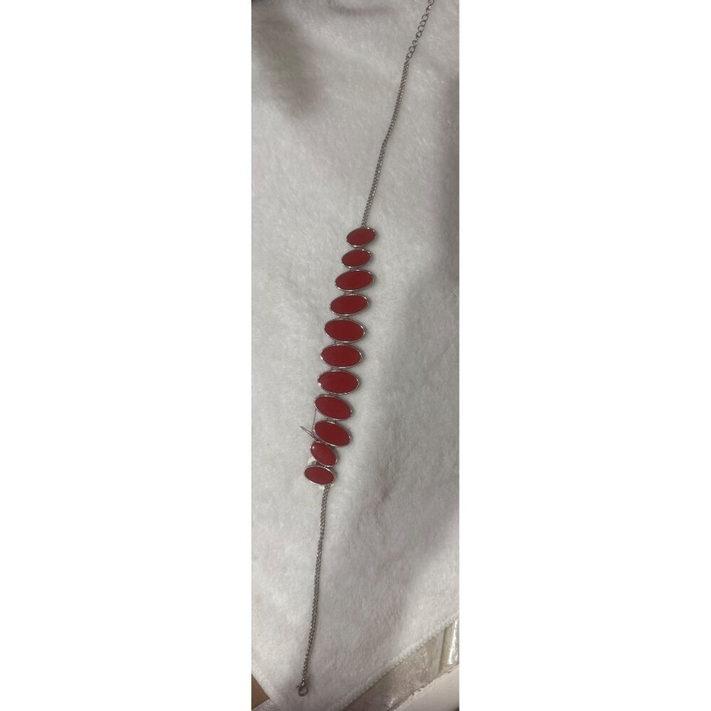 Red & Silver Oval Statement Necklace With Adjustable Chain